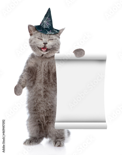 Happy cat wearing hat for halloween shows empty list. isolated on white background