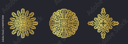 Gold Set  vector snowflakes isolated , Ethnic  ice cristal ornament,  christmas icons, snowflakes for print, design for banner, idea, cover, booklet, print, flyer, card, poster, badge, postcard