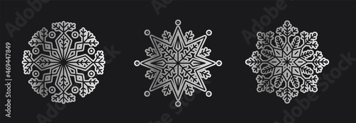 Silver Set  vector snowflakes isolated , Ethnic  ice cristal ornament,  christmas icons, snowflakes for print, design for banner, idea, cover, booklet, print, flyer, card, poster, badge, postcard