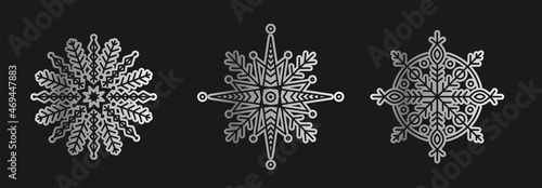 Silver Set  vector snowflakes isolated , Ethnic  ice cristal ornament,  christmas icons, snowflakes for print, design for banner, idea, cover, booklet, print, flyer, card, poster, badge, postcard