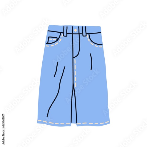 Denim midi skirt. Fashion women jeans clothes with pockets and stitches. Modern casual apparel item. Flat vector illustration of blue cotton garment isolated on white background