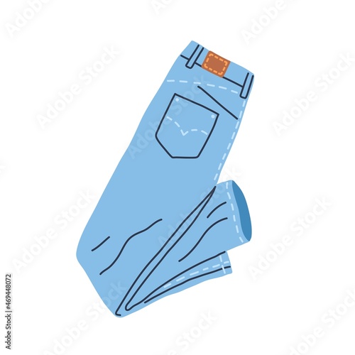 Trousers from blue denim. Fashion women jeans pants with back pocket and stitches. Modern casual apparel item. Flat vector illustration of cotton garment isolated on white background