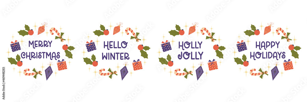 Christmas frames with congratulations text isolated on white background.Round design with different text, holly and toys. Vector illustration in a flat style. Christmas decor
