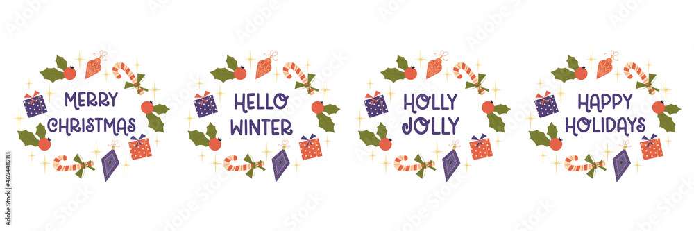 Christmas frames with congratulations text isolated on white background.Round design with different text, holly and toys. Vector illustration in a flat style. Christmas decor Christmas frames with congratulations text isolated on white background.Round design with different text, holly and toys. Vector illustration in a flat style. Christmas decor