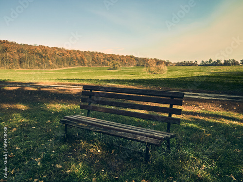 A bench for rest stands in a clearing, around a field and a forest, a picturesque place, autumn mood