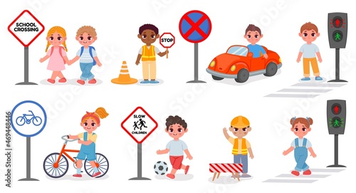 School kids street safety, signs and crosswalk rules. Traffic light go and stop signal. Kid bike and car. Cartoon road education vector set