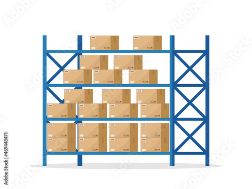 Warehouse inventory with rack and boxes. Shelf for storage of cargo. Stock of wholesale goods in warehouse of logistic. Icon of store, distribution. Merchandise on shelves of factory. Vector
