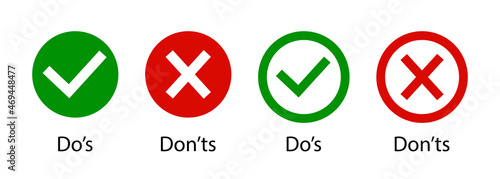 Dos and dont. Do and don. Icon of wrong and right. Tick or cross. Mark of check and correct. Ok, yes-green. X, false-red. Sign of good or bad. List of icon for approved, reject. Logo of quiz. Vector photo