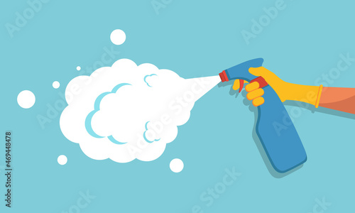 Clean and disinfect spray. Hand hold a bottle with antibacterial spray for hygiene and safety. Antiseptic against coronavirus, bacteria and virus. Icon of disinfectant in hand for health. Vector