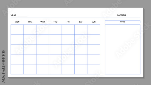 Month planner. Blank calendar template for 2022 year. Calender with grid on wall. Page for agenda. A4 planner for month and year. Organizer with days of week for planning. Schedule of work. Vector