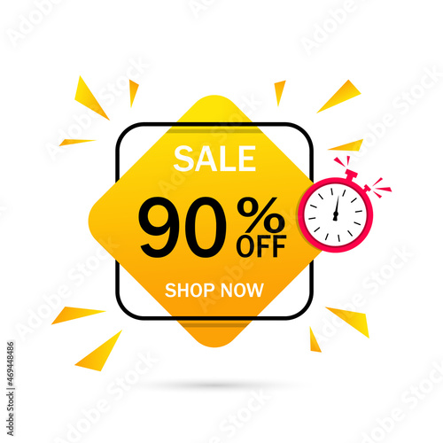 Discount banner of 90 percent. Label for special offer and sale with price. Logo for promotion of product. Design emblem for sell. Badge for announcement and retail. Fashion coupon. Vector