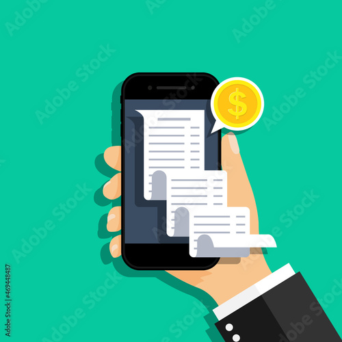 Receipt bill in mobile phone. Invoice from online payment. Hand hold a smartphone with long paper receipt of electronic transaction. Document bill pay in mobile app. Bank on cellphone. Vector