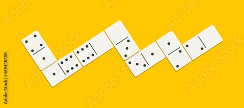 Domino game on table. Icon of dominoes isolated on orange background. White chip of domino on board for gambling. Serie of wooden chip. Stone for tournament, casino. Brick for game. Vector