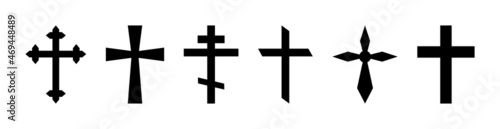 Christian cross. Crucifix icon. Black catholic symbol. Gothic religious silhouette for church of Jesus. Set of orthodox crosses on white background. Logo of faith, holy, resurrection. Vector