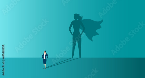 Businesswoman with shadow of superhero. Concept of power, leadership and confident. Business woman is super hero with strong motivation. Career of leader. Icon of invincible person. Vector