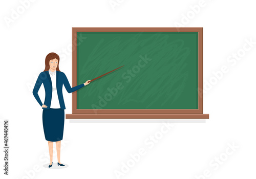 Teacher near the class blackboard. School teacher in classroom pointing on the green blackboard. Woman professor for study. Education in class room, auditorium. Cartoon illustration. Vector
