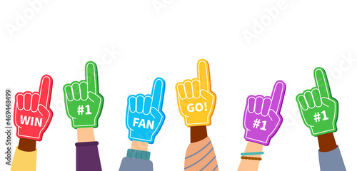 Fun foam finger. Finger of fan with number one. Hand in baseball, football glove with number 1. Icon of forefinger for first place in sport. Cartoon sign for best or winner. Logo for support. Vector.