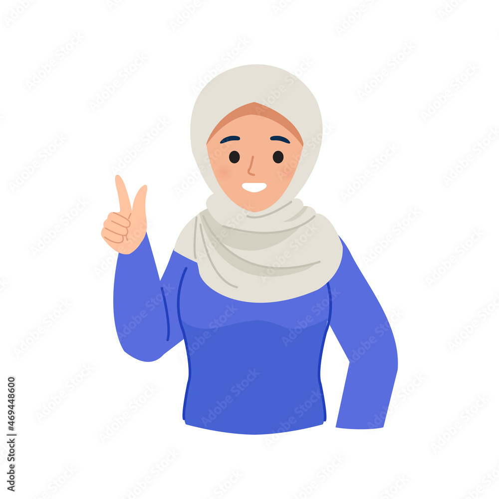 Hijab woman with pointing hand gesture. Flat vector cartoon design