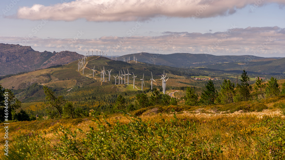 View of wind turbines energy production in Galicia, Spain.