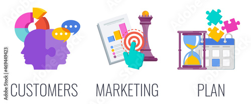 Customers, marketing plan. Marketing mix infographic flat vector illustration.