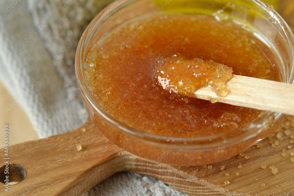 Close-Up Of Homemade Lip Scrub Made Out Of Brown Sugar, Honey And Olive Oil  In Glass Bowl On Wooden Chopping Board - Natural Beauty Product Stock Photo  | Adobe Stock