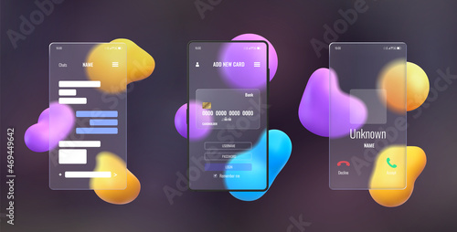 Glassmorphism 3d phone mockup with blurred abstract background. Smartphone transparent glass screen with chat, call and payment vector set