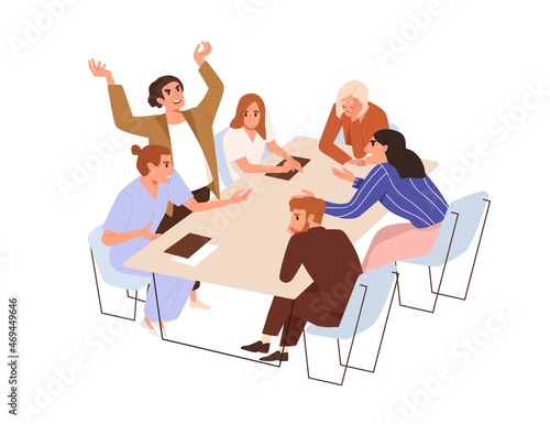 Conflict and disagreement at business meeting. Argument and quarrel between angry people in office. Aggressive tensed team communication. Flat graphic vector illustration isolated on white background photo
