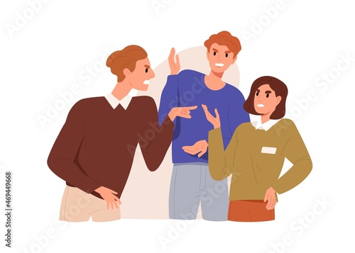 Toxic communication and conflict between colleagues at work. Aggressive behavior of angry employee accusing coworker. Bad relation in office team. Flat vector illustration isolated on white background