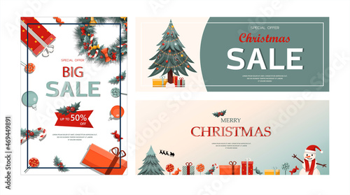 Set of flat vector banners Big Christmas sale. Cartoon Christmas template with festive decorations and food. New Year s card with a Christmas wreath, toys and garlands. Background for postcards and