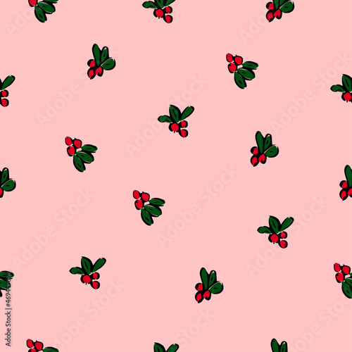 Seamless pattern of red ripe lingonberry and green leaves. Red berries on a branch.