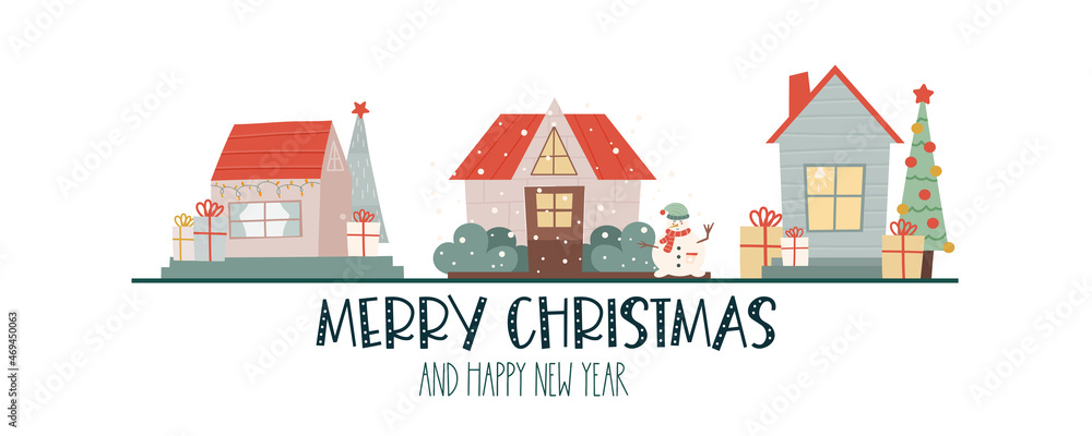 Christmas banner with winter houses and text merry christmas.Winter card with cute houses, tree, a snowman and gifts on a white background. Vector illustration in flat style