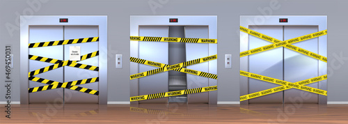 Realistic 3d broken elevators on repair with warning yellow tape. Metal lift door with dent. Closed damaged elevator with caution vector set