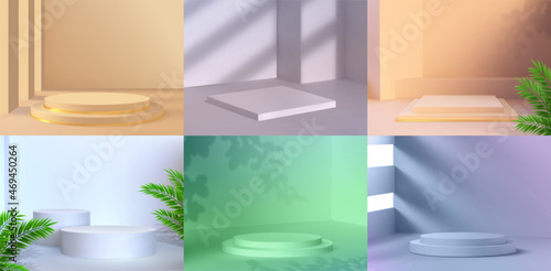 Pastel stages with podiums, palm leaves and plant shadows. 3d green product display platform. Promotion vector scenes with geometric stands