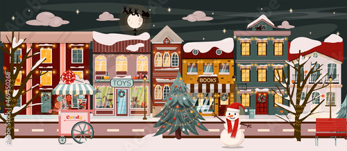 Vector winter street for Christmas. Cartoon illustration with a Christmas tree, houses, a snowman and festive decorations. European cities on Christmas Eve. New Year s Eve, background, postcard for