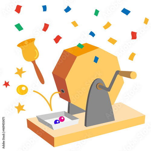A rotary lottery machine, bell and confetti that are often used in Japan.