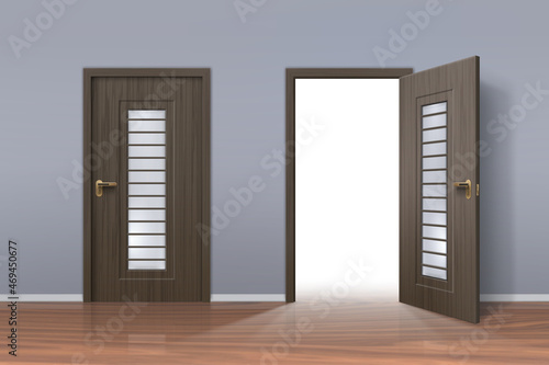 Realistic opened and closed doors in office or home hallway interior. Light inside doorway. Wooden room entrance. Opportunity vector concept