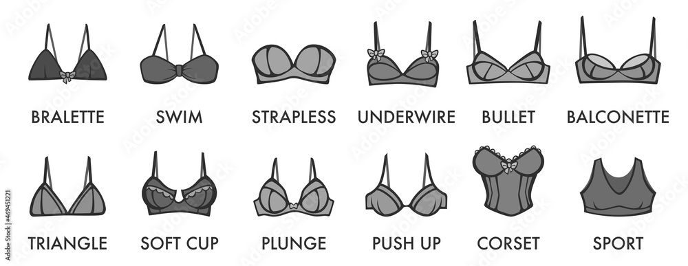 Different bra models, women clothes top collection Stock Vector