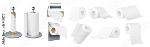Realistic toilet paper and kitchen towels roll metal holder. Hygiene bath 3d napkins. Empty brown tube. Tissue rolls on hangers vector set