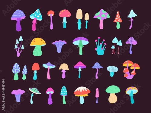 Neon groovy psychedelic poison mushrooms, toadstool and amanita. Cartoon trippy bright mushroom. Flat surreal magic hippie fungus vector set photo