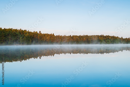 Reflection of lake and forest at sunrise