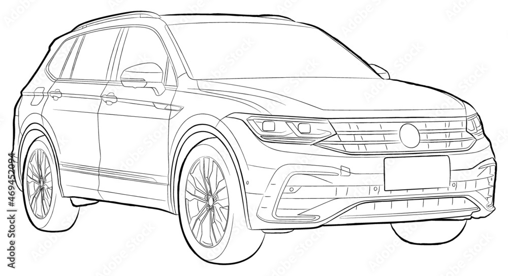 Sketch style vector illustration with modern car SUV off-road