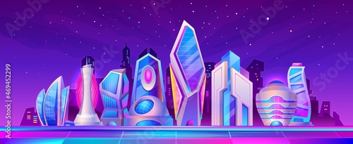 Cartoon futuristic city night landscape with neon light. Cyberpunk future metropolis street with skyscrapers. Fiction cityscape vector scene