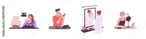 Women doing makeup set. Beauty routine in front of mirror with cosmetic bag, applying mascara, lipstick and powder for eyes, lips, skin make-up. Flat vector illustration isolated on white background