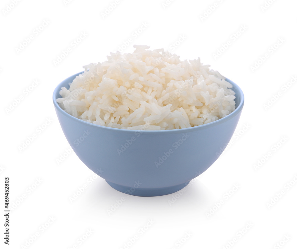 Rice in blue bowl isolated on white background Rice in blue bowl isolated on white background