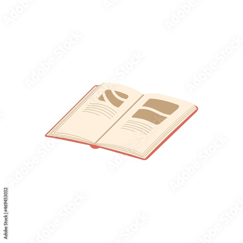 Open paper book. School textbook with pages with abstract text and pictures. Modern fiction literature. Novel for reading. Flat vector illustration isolated on white background