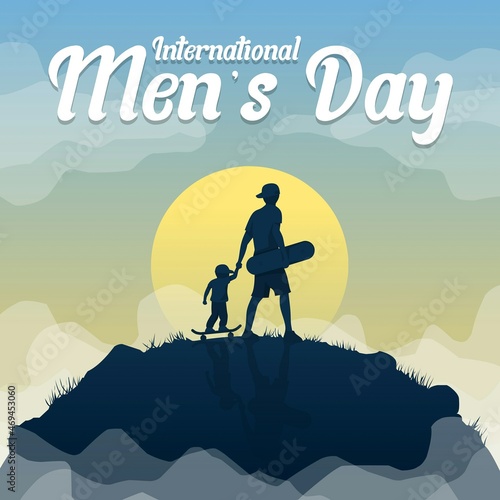 International men's day theme illustration. illustration of father and son carrying skateboards with a view on the mountain.