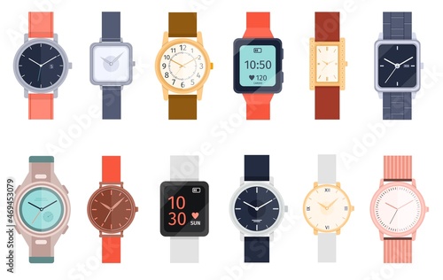Cartoon luxury gold wristwatches and gadget smart watch. Fashion women and men accessory wrist watches. Hand clock with bracelet vector set