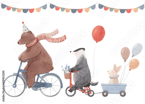 Beautiful image with cute hand drawn watercolor animals on bikes and air baloons Fototapet