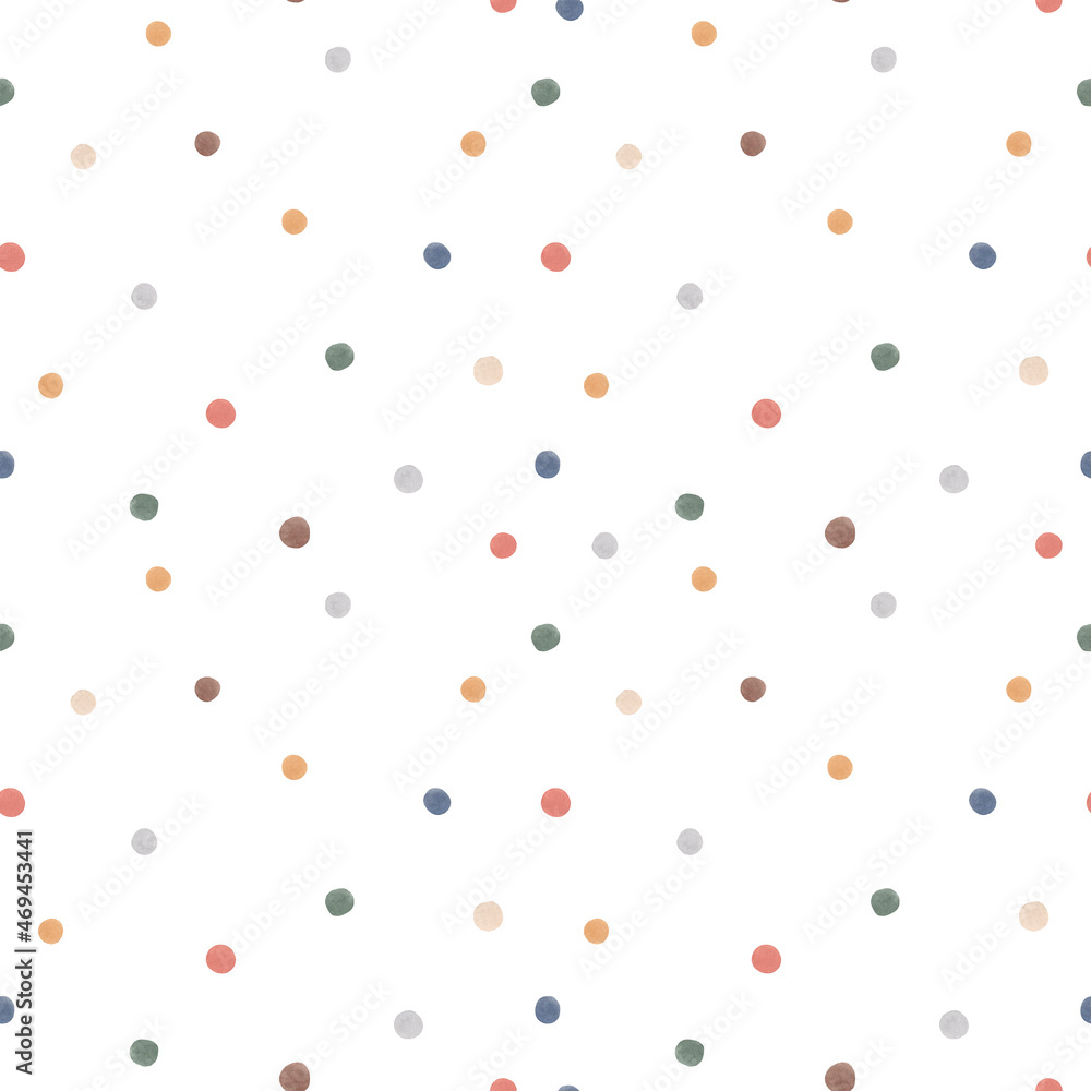 Beautiful seamless pattern with cute hand drawn watercolor colorful dots. Stock illustration.