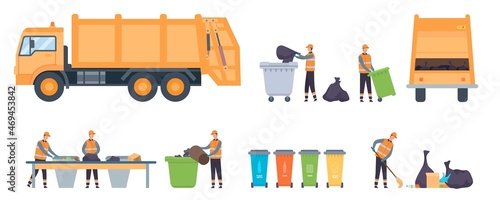 Flat garbage service workers, janitors and waste trucks. Recycling factory sorting conveyor. Recycle bin, container and trash bag vector set